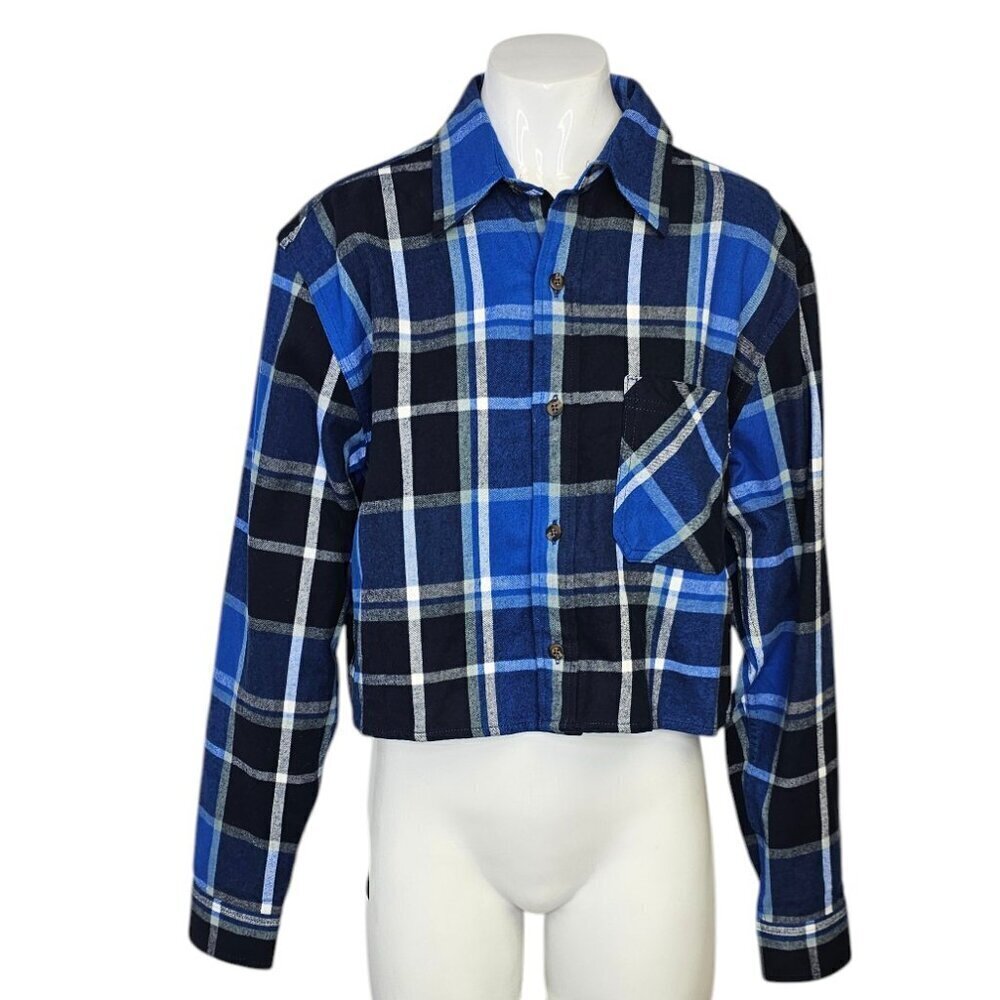 Aritzia TNA Womens Cropped Plaid Button Up Shirt, Flannel, Blue, Cotton, Size XS